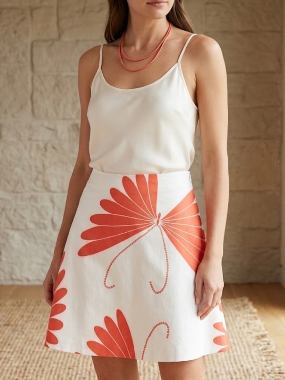 🐠Trina Turk butterfly skirt A-line ivory and coral orange lined size 4 side zip